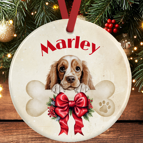 American Cocker Spaniel Christmas Tree Decoration - Golden Cocker Spaniel peeking over a festively decorated dog bone